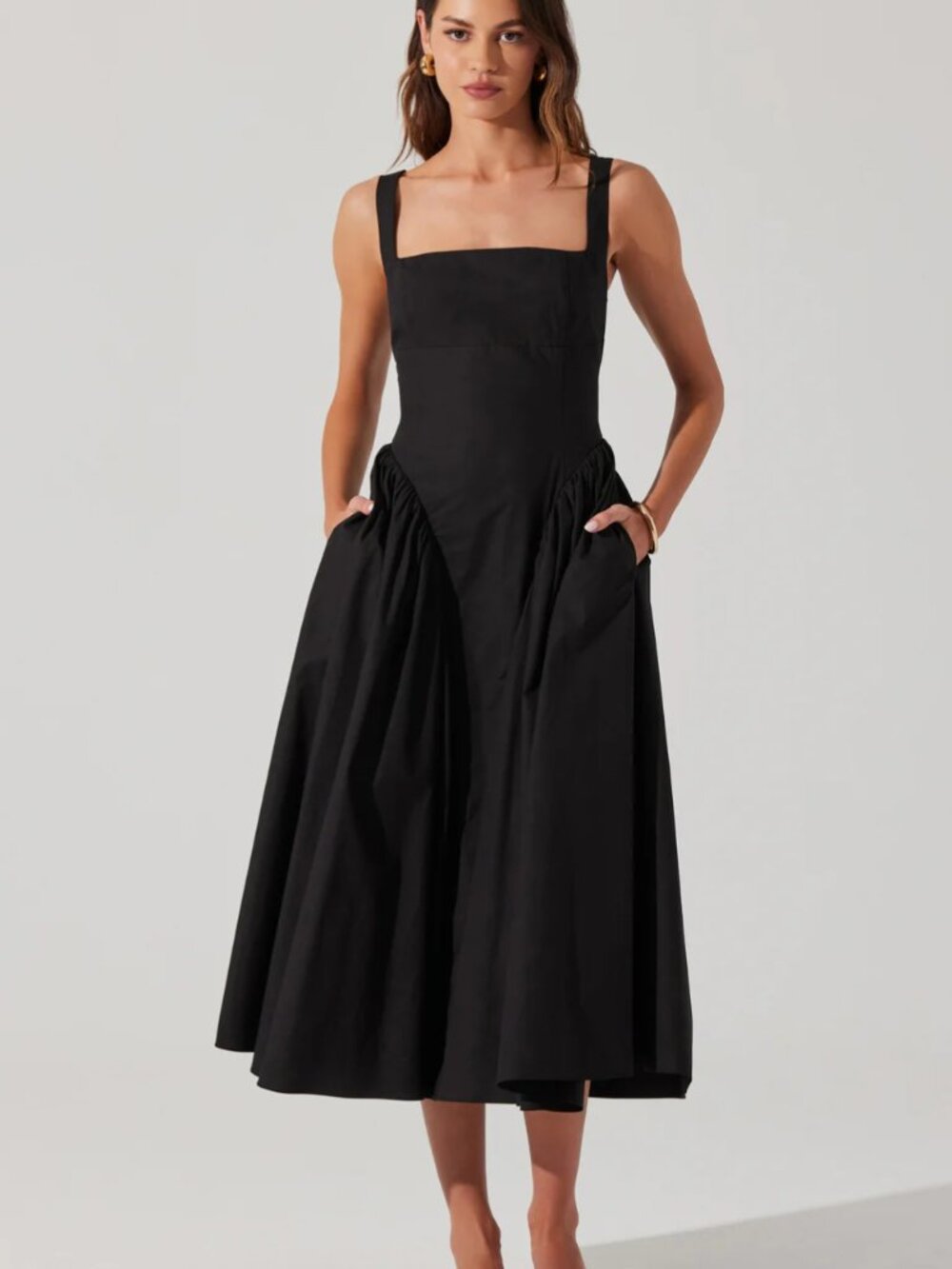 Aster Vinya Black Poplin Drop Waist Midi Dress with Pockets Size XS - Picture 2 of 11